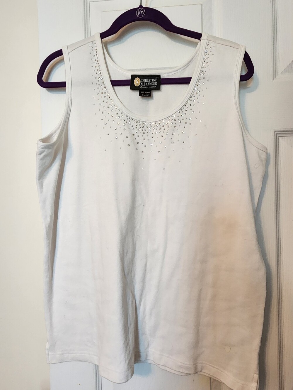 Christine Alexander White Rhinestone Scoop Neck Tank, Sz XL